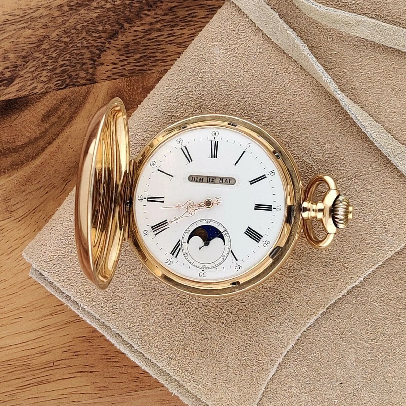 Full Hunter Moon Phase Calendar Swiss Pocket Watch 14k Solid Gold LOVEJOY ANTIQUES